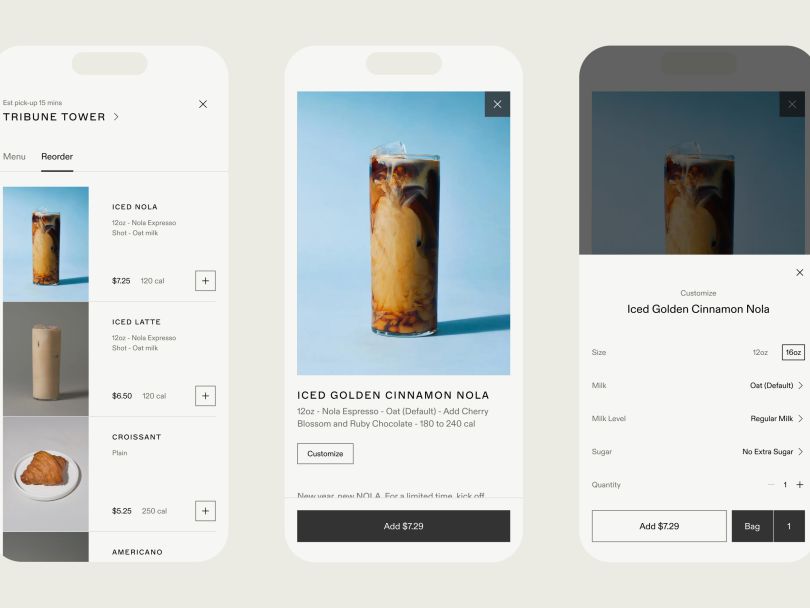 An image illustrating the mobile ordering feature on Blue Bottle Coffee’s mobile app